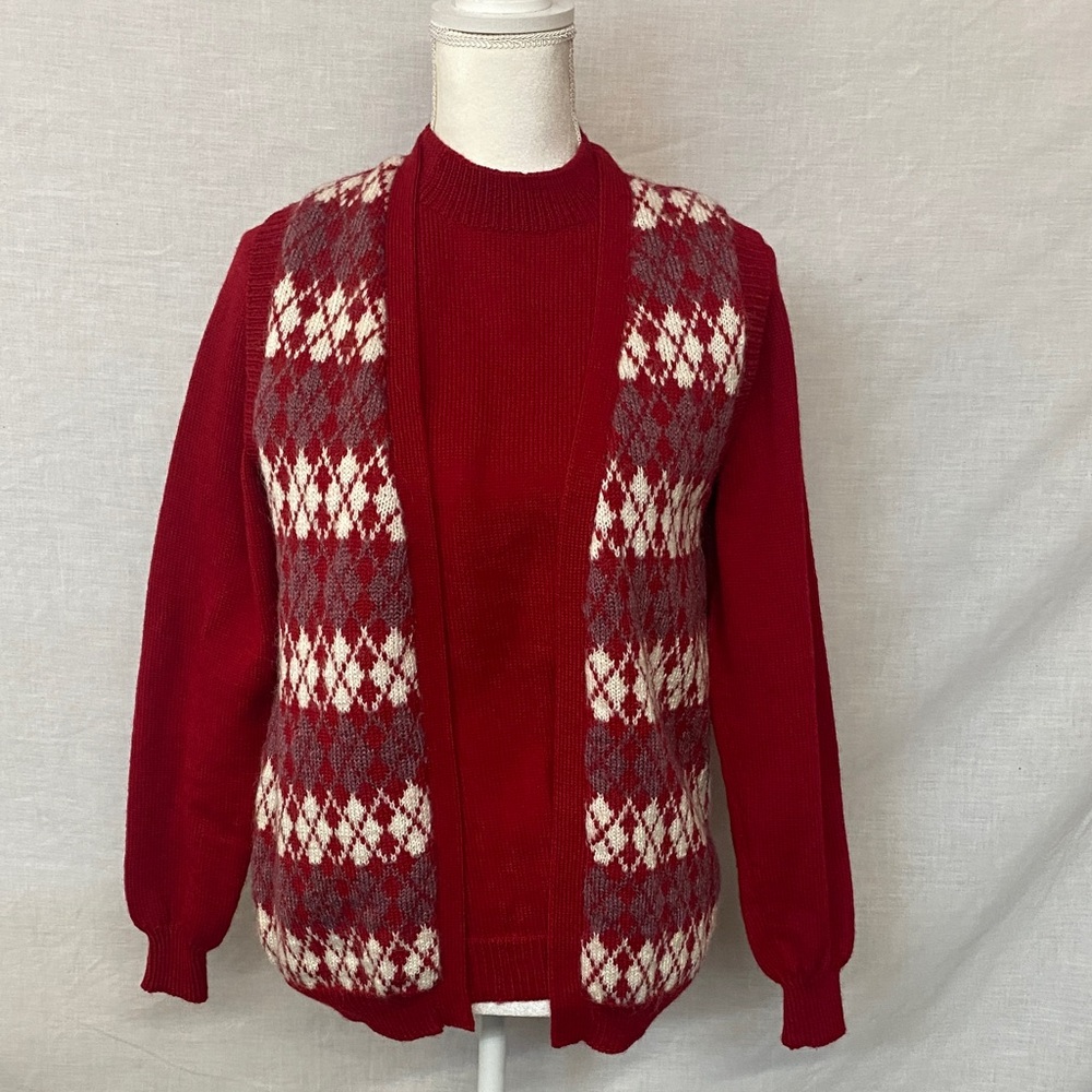 Vintage Hand Knitted Red Argyle Sweater Vest and Red Sweater
